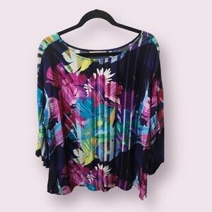 Soft Surroundings Womens Rayon Boat Neck Floral Striped Boxy Mignon Top Size M